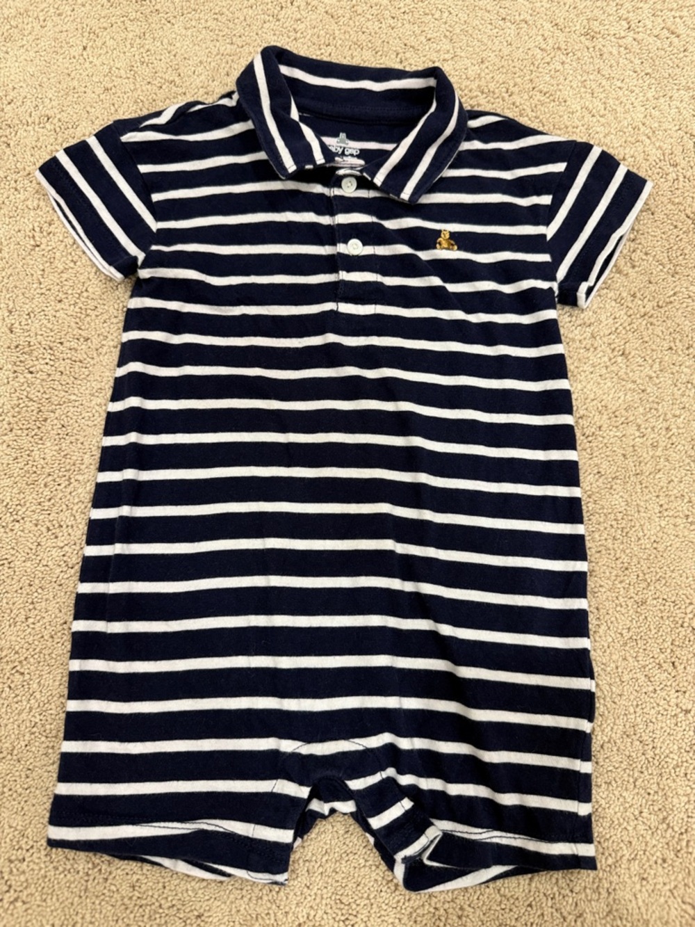Carter's Navy and White Striped Polo Romper with Gold Bear
